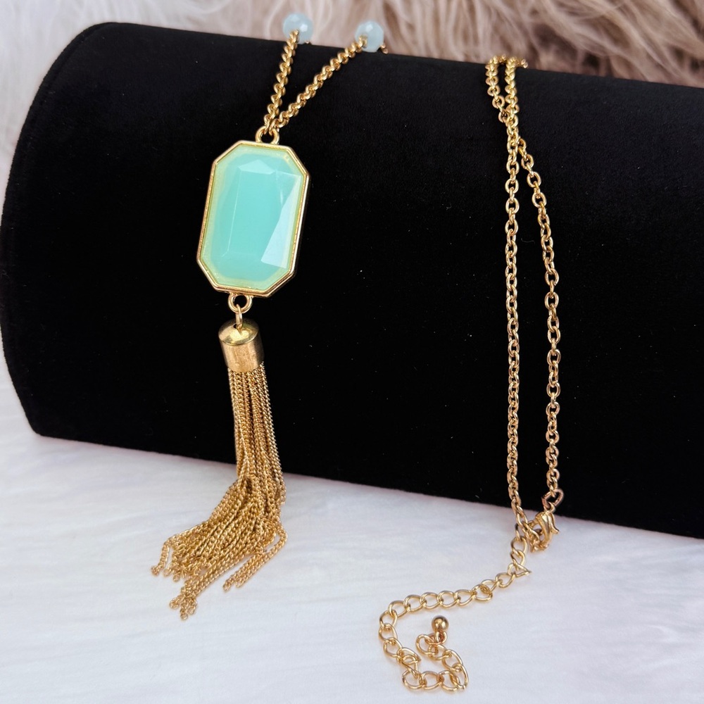 Goldtone, fringe pendant, long costume necklace - Picture 1 of 13
